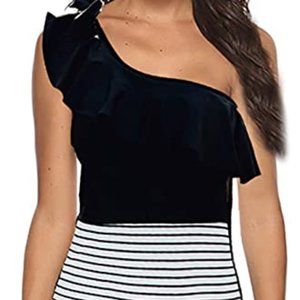 Tengweng Womens Striped Print One Piece Swimsuit